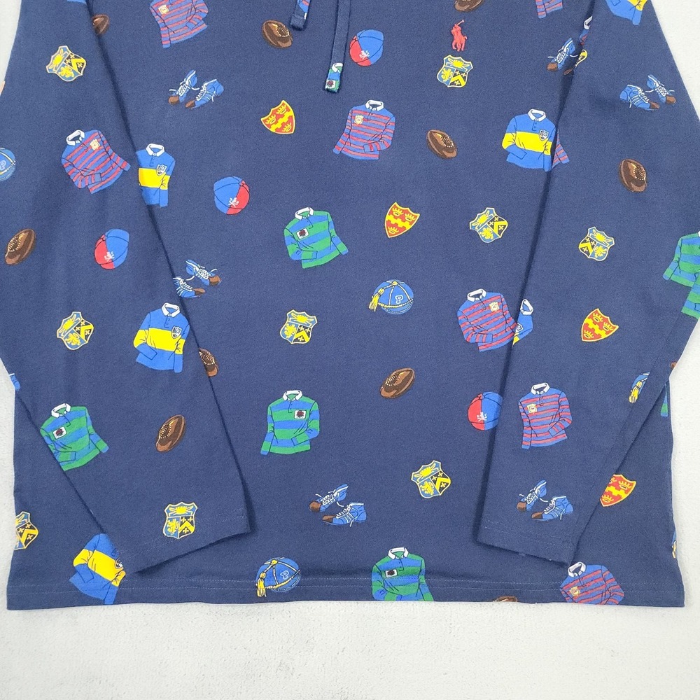 Polo Ralph Lauren Mens L Hooded Shirt Navy Rugby All Over Print Long Sleeve - Picture 3 of 9